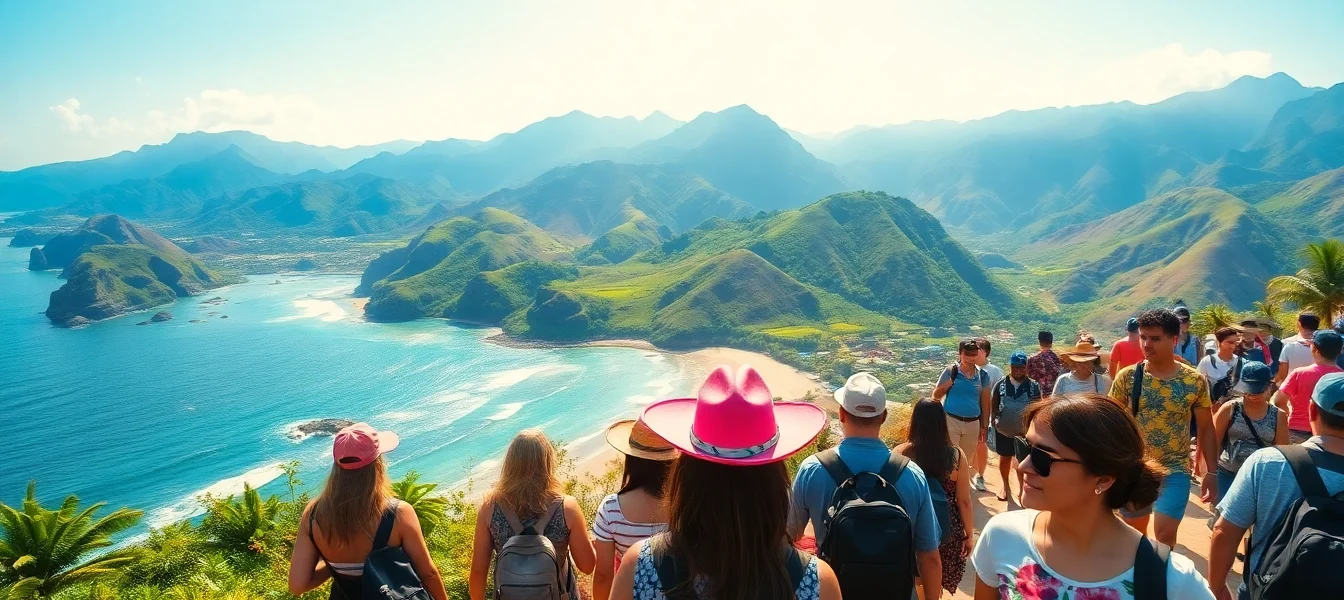 Group of travelers enjoying a scenic Lombok tour with beaches and mountains, capturing the adventure vibe for visitors seeking tours in Indonesia.