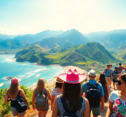 Group of travelers enjoying a scenic Lombok tour with beaches and mountains, capturing the adventure vibe for visitors seeking tours in Indonesia.