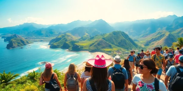 Group of travelers enjoying a scenic Lombok tour with beaches and mountains, capturing the adventure vibe for visitors seeking tours in Indonesia.