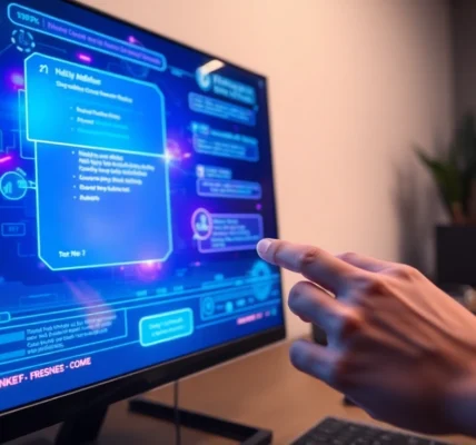 Futuristic AI interface on a sleek workspace with holographic visuals and ambient lighting.