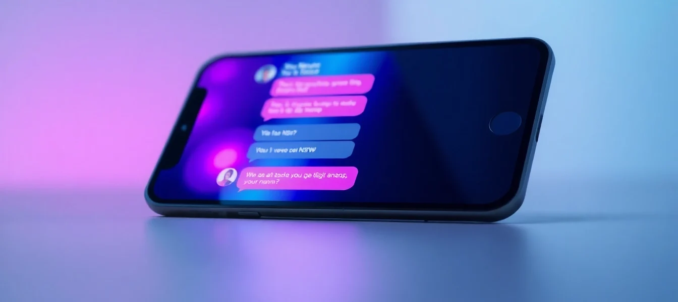 Close-up of a device screen showing an AI chat interface with vibrant colors and NSFW content hints.