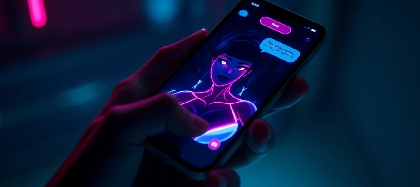 Close-up of a smartphone displaying a seductive AI chatbot character with neon lighting effects.