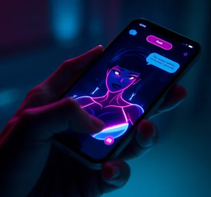 Close-up of a smartphone displaying a seductive AI chatbot character with neon lighting effects.