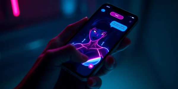 Close-up of a smartphone displaying a seductive AI chatbot character with neon lighting effects.