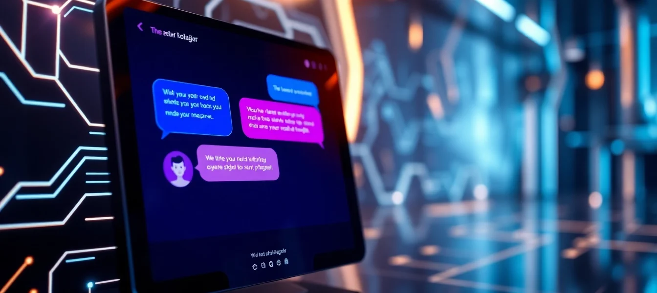 An illustration of a futuristic AI chat interface with glowing speech bubbles and a high-tech background, emphasizing customization and advanced technology.