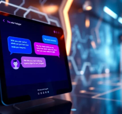 An illustration of a futuristic AI chat interface with glowing speech bubbles and a high-tech background, emphasizing customization and advanced technology.