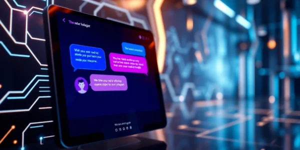 An illustration of a futuristic AI chat interface with glowing speech bubbles and a high-tech background, emphasizing customization and advanced technology.