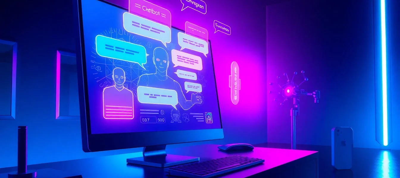 Futuristic chatbot interface with holographic characters in a cyberpunk setting.