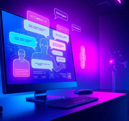 Futuristic chatbot interface with holographic characters in a cyberpunk setting.