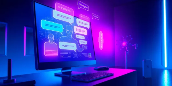 Futuristic chatbot interface with holographic characters in a cyberpunk setting.