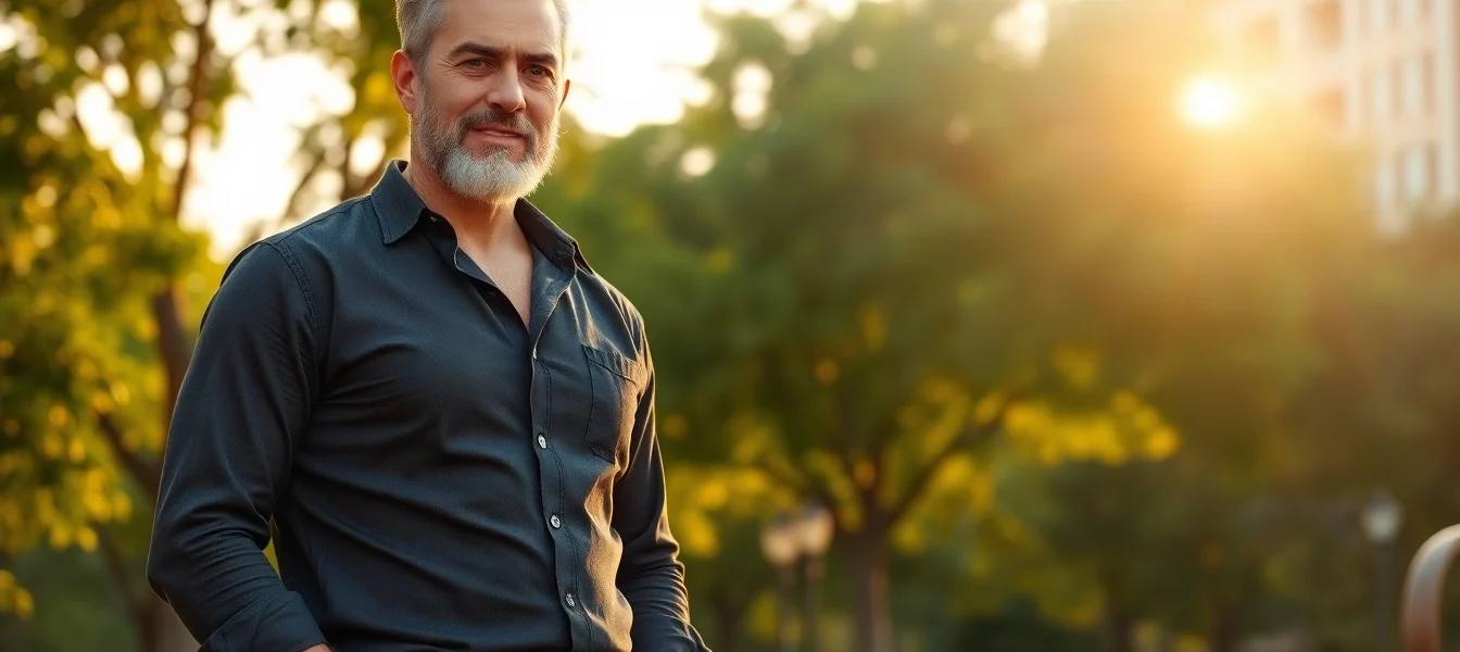 A confident mature man standing in a park during golden hour, with warm sunlight highlighting his features.