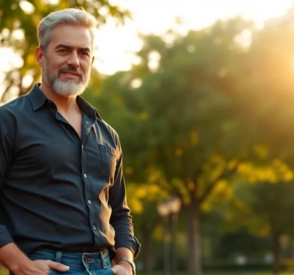 A confident mature man standing in a park during golden hour, with warm sunlight highlighting his features.