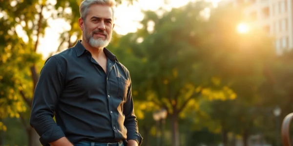 A confident mature man standing in a park during golden hour, with warm sunlight highlighting his features.