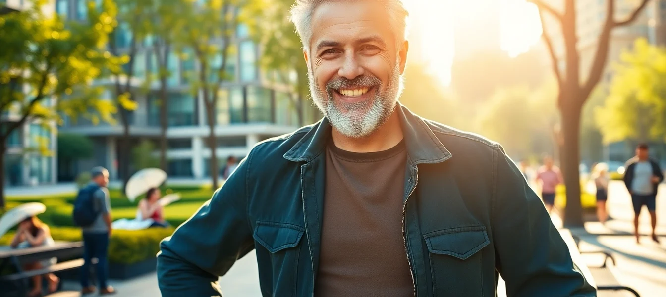 Attractive older man with salt-and-pepper hair and a warm smile leaning against a park bench in sunlight.