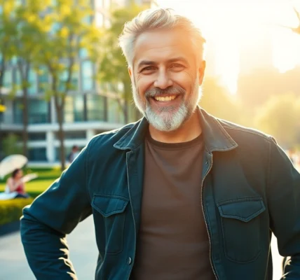 Attractive older man with salt-and-pepper hair and a warm smile leaning against a park bench in sunlight.