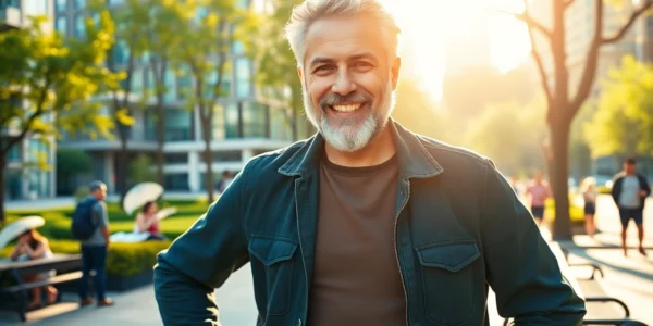 Attractive older man with salt-and-pepper hair and a warm smile leaning against a park bench in sunlight.