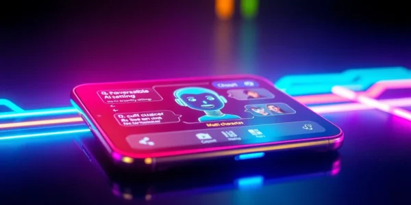 An illustration of a futuristic smartphone displaying a colorful AI chatbot interface with customizable characters and digital holograms.