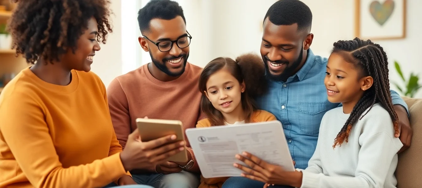 Family reviews affordable health insurance options on a tablet.