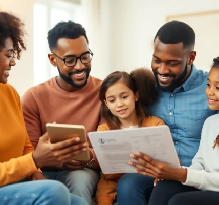 Family reviews affordable health insurance options on a tablet.