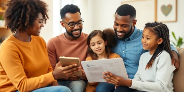 Family reviews affordable health insurance options on a tablet.