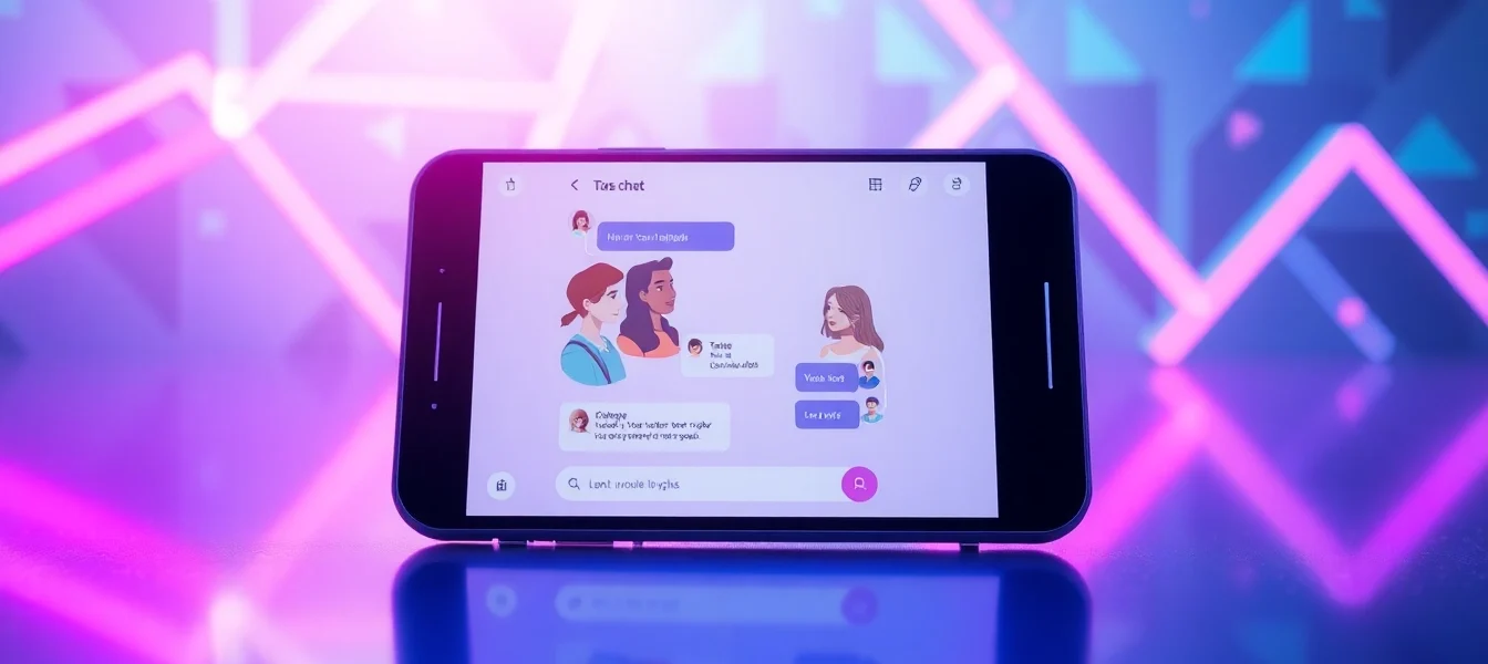 Futuristic digital chat interface with customizable AI characters on a sleek device screen in a high-tech environment