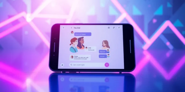 Futuristic digital chat interface with customizable AI characters on a sleek device screen in a high-tech environment
