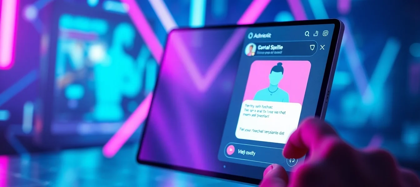 An advanced AI chatbot interface on a digital screen with neon lights and a user interacting with it, creating a high-tech, immersive atmosphere.