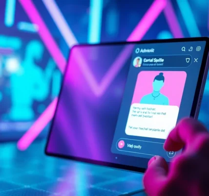 An advanced AI chatbot interface on a digital screen with neon lights and a user interacting with it, creating a high-tech, immersive atmosphere.