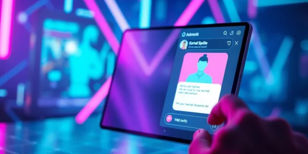 An advanced AI chatbot interface on a digital screen with neon lights and a user interacting with it, creating a high-tech, immersive atmosphere.