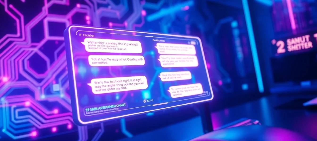 Futuristic AI interface with holographic chat displays in a cyberpunk setting