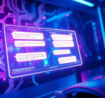 Futuristic AI interface with holographic chat displays in a cyberpunk setting