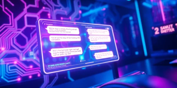 Futuristic AI interface with holographic chat displays in a cyberpunk setting