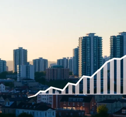 UK House Prices are rising as a graph shows steady growth in a vibrant city skyline scene for