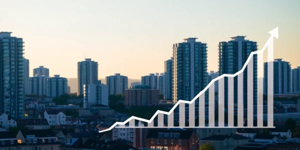 UK House Prices are rising as a graph shows steady growth in a vibrant city skyline scene for