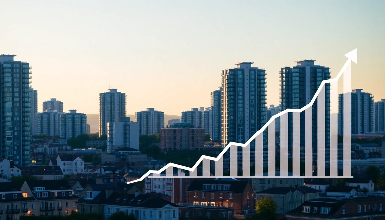 UK House Prices are rising as a graph shows steady growth in a vibrant city skyline scene for