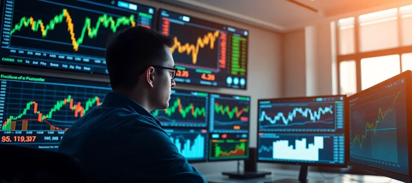 Stock Market Updates Professional analyst reviewing charts and gold prices on trading monitors