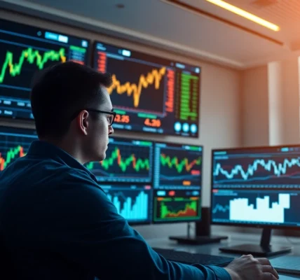 Stock Market Updates Professional analyst reviewing charts and gold prices on trading monitors