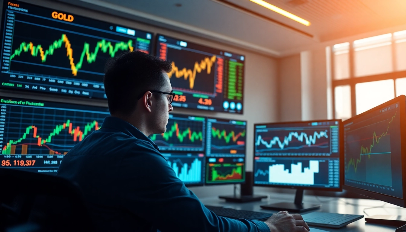 Stock Market Updates Professional analyst reviewing charts and gold prices on trading monitors