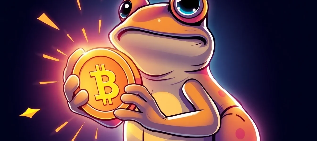 Pepe Meme Coin Price concept showing meme frog holding a digital coin on a vibrant blockchain