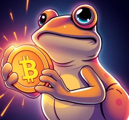 Pepe Meme Coin Price concept showing meme frog holding a digital coin on a vibrant blockchain