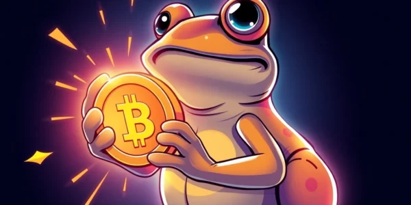 Pepe Meme Coin Price concept showing meme frog holding a digital coin on a vibrant blockchain
