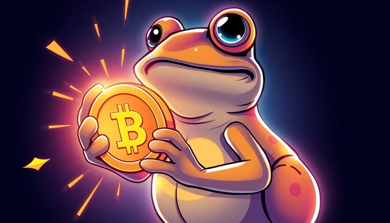 Pepe Meme Coin Price concept showing meme frog holding a digital coin on a vibrant blockchain