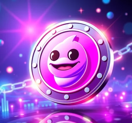 Pepe Meme Coin Price highlights as Pepe mascot overlooks blockchain tokens in vibrant,