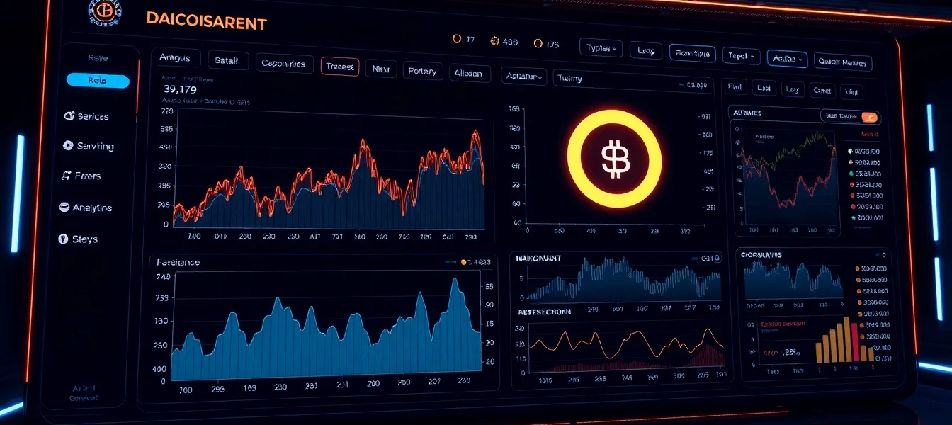 Aicoin digital dashboard showcasing real-time market data with charts and blockchain icons,
