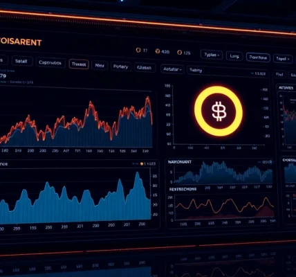 Aicoin digital dashboard showcasing real-time market data with charts and blockchain icons,