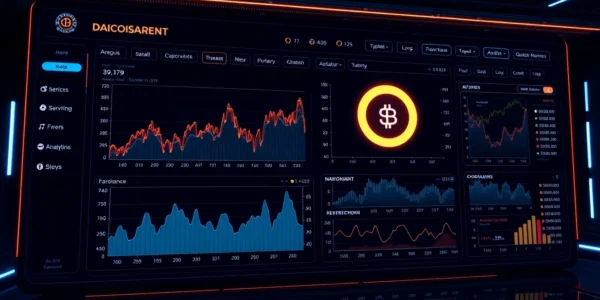 Aicoin digital dashboard showcasing real-time market data with charts and blockchain icons,