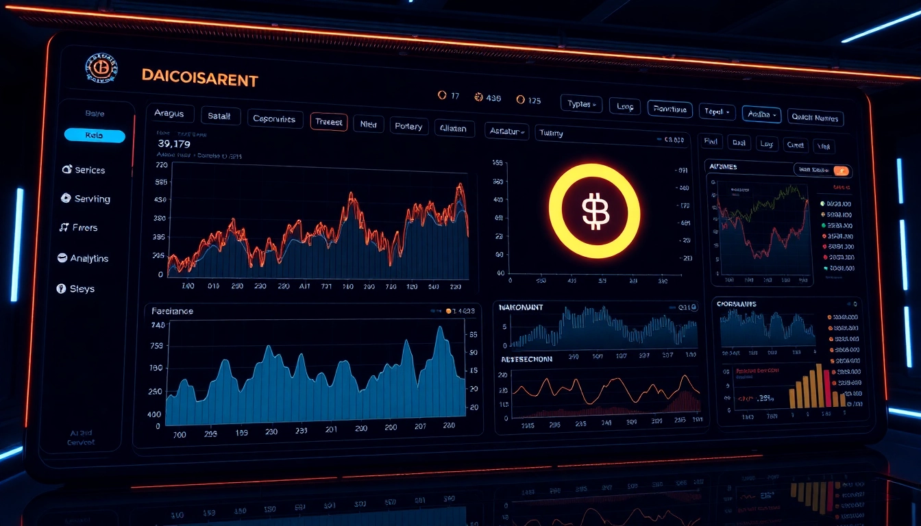 Aicoin digital dashboard showcasing real-time market data with charts and blockchain icons,